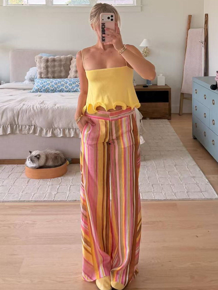 Palazzo Pant Wide - Pantalon rayé pour femme, pantalon large