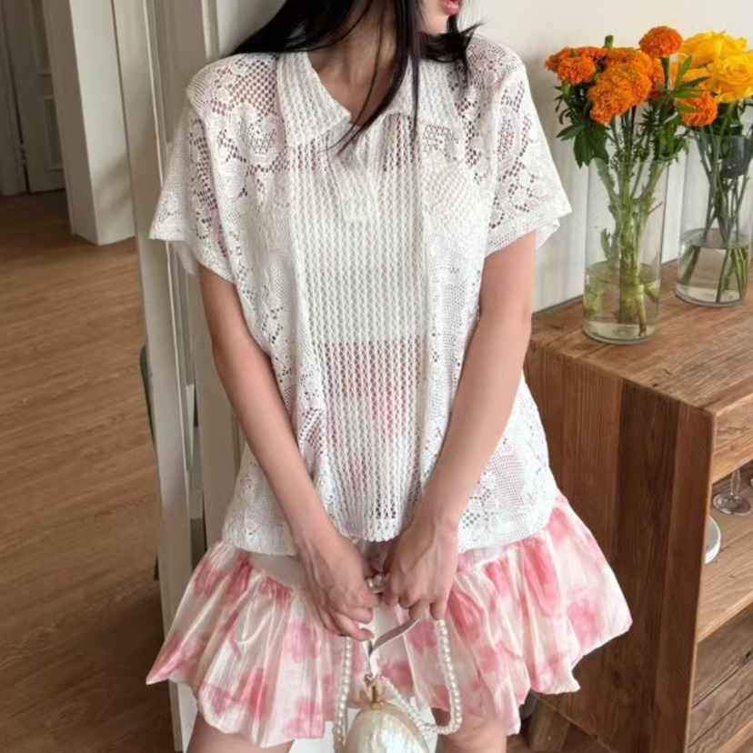 Chemise à col en dentelle rétr - Summer Clothing Online Shopping avis et prix